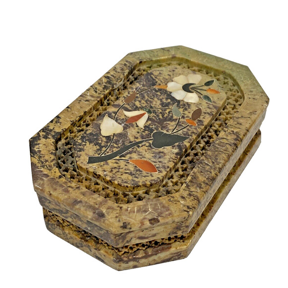 Trinket Jewelry Box & Lid Carve Stone Marble Mother of Pearl Inlay Flower Design - Picture 1 of 11